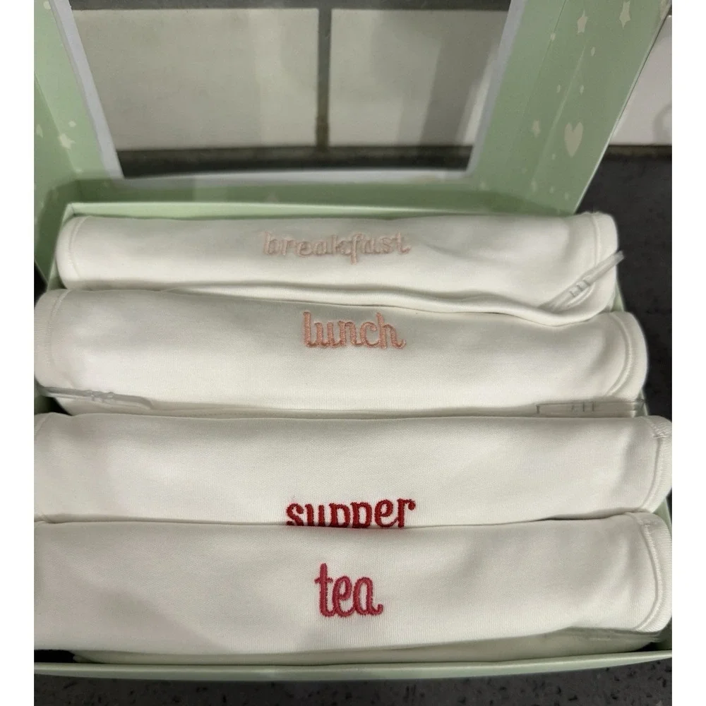 New Marie Chantal Baby Bibs Embroidered Set‎ Breakfast Lunch Supper Tea Box